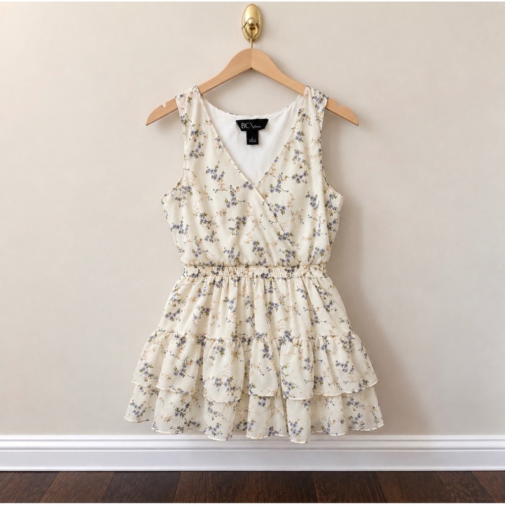 BCX Dress Ivory Floral Swiss Dot Tiered Ruffle Mini Dress Large